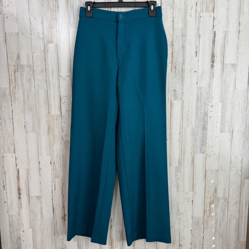 Vintage 70s Levi's 27x30 Sta-Prest Teal High Waist Wide Leg Flare Pants Trousers - Picture 2 of 10
